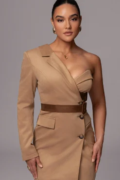 Beige One Shoulder Suede Blazer Dress