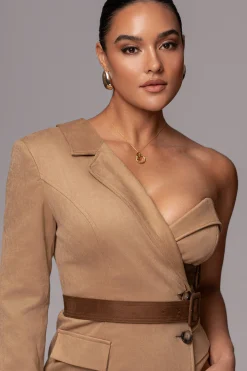 Beige One Shoulder Suede Blazer Dress