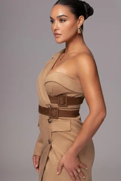 Beige One Shoulder Suede Blazer Dress