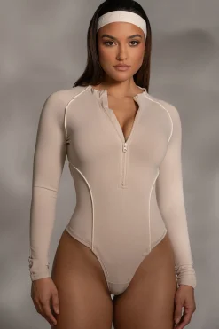 Beige Rise Up Zip Front Bodysuit