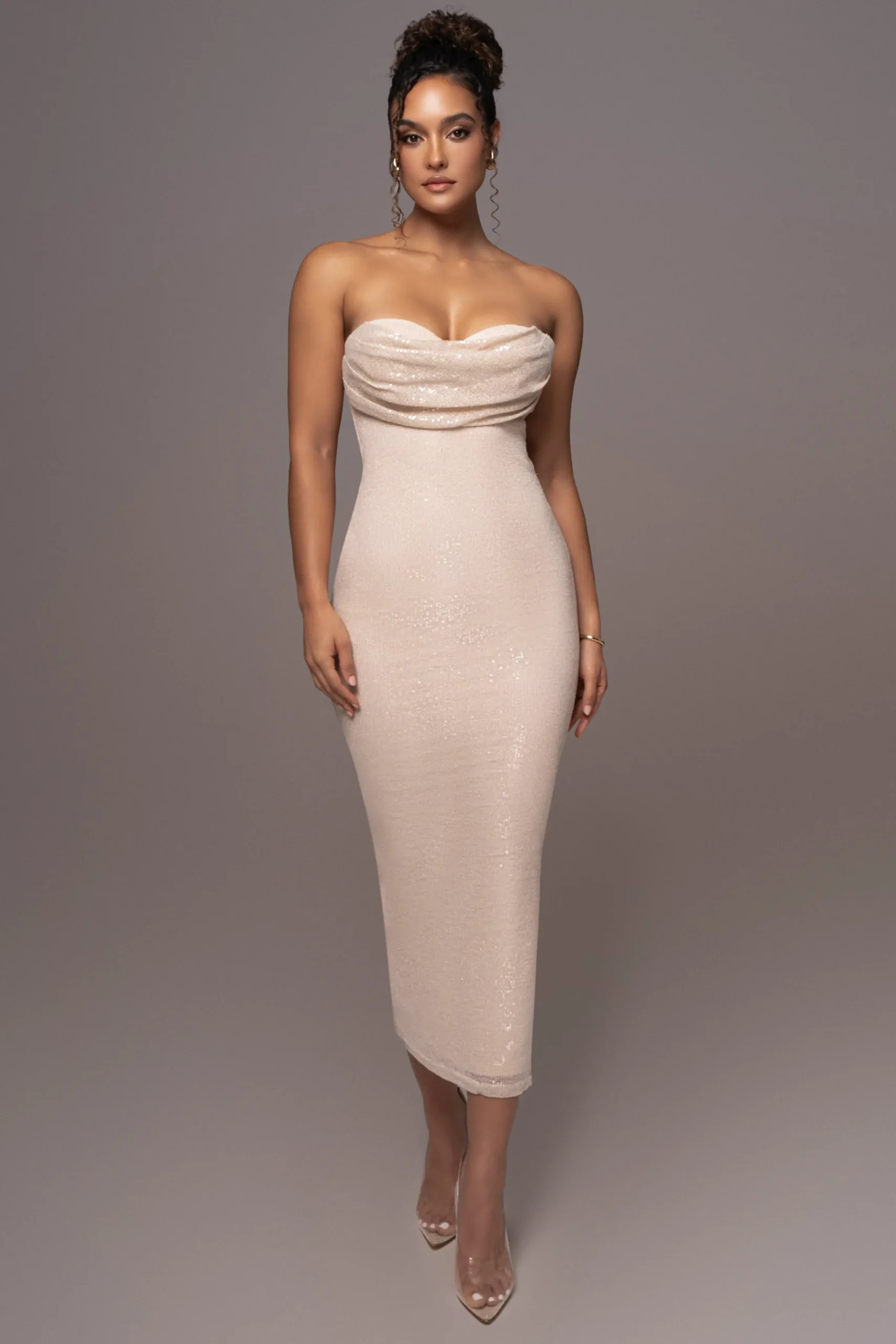Beige Sequin Visions Of You Midi Dress