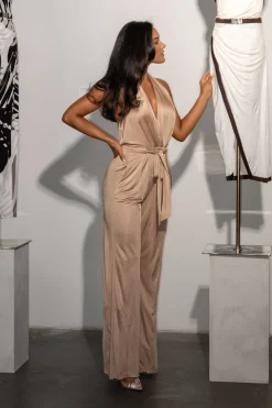 Beige Slinky Halter Belted Jumpsuit