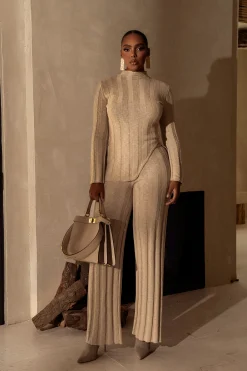 Beige Take A Chance Ribbed Pant Set