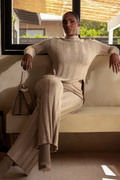 Beige Take A Chance Ribbed Pant Set