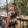 Black Charmed Embroidered Mesh Bodysuit