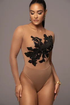 Black Charmed Embroidered Mesh Bodysuit