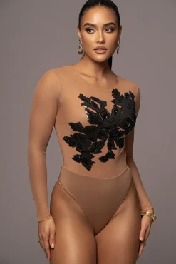 Black Charmed Embroidered Mesh Bodysuit