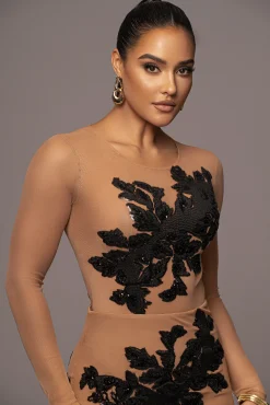 Black Charmed Embroidered Mesh Bodysuit