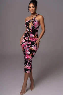 Black Floral Jess Ruched Midi Dress