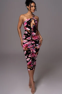 Black Floral Jess Ruched Midi Dress