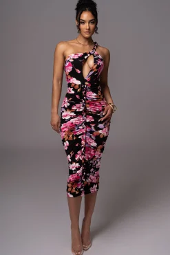 Black Floral Jess Ruched Midi Dress