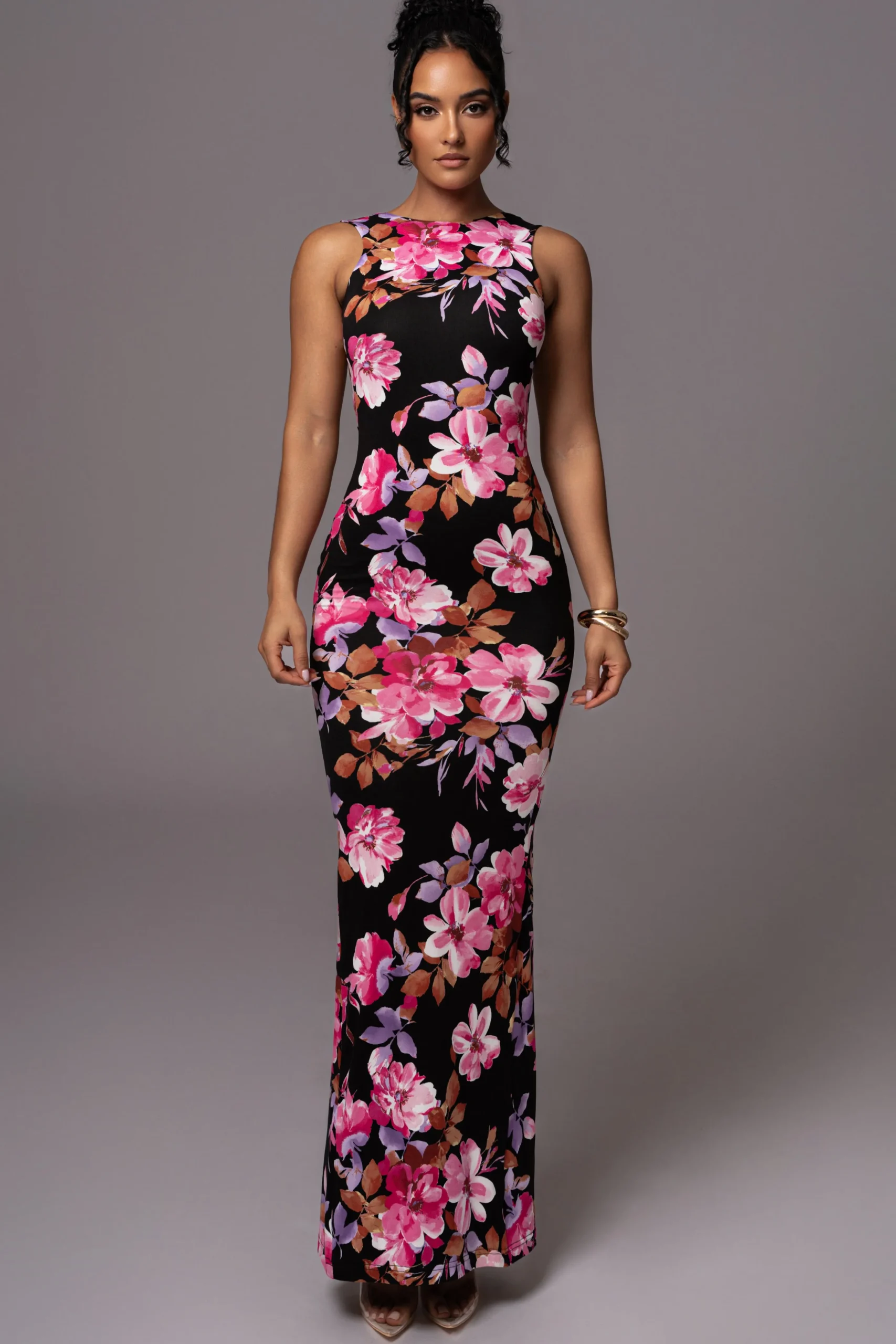 Black Floral JLUXBASIX FRONT AND CENTER MAXI DRESS