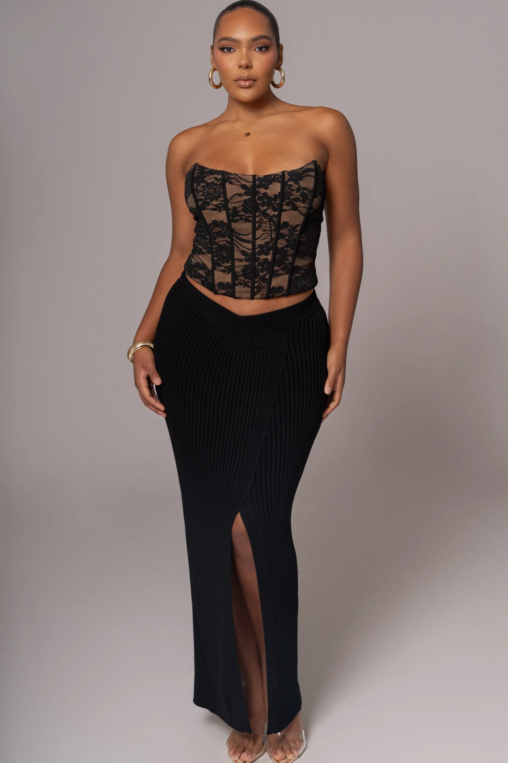 Black Hamptons Ribbed Slit Skirt