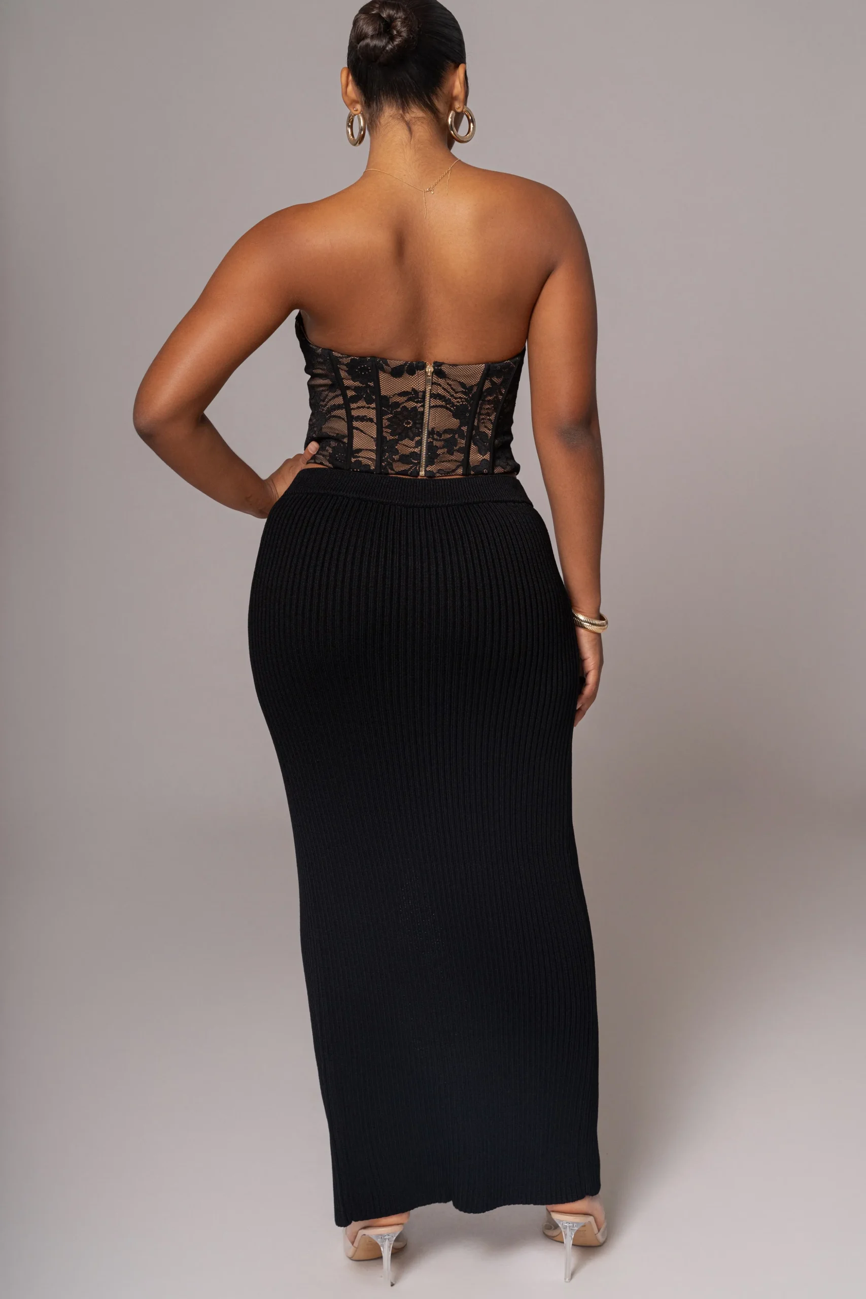 Black Hamptons Ribbed Slit Skirt