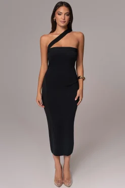 Black Ivone Asymmetrical Midi Dress