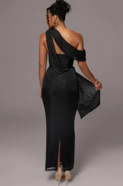 Black Metallic Celestina Draped Maxi Dress