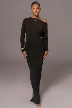 Black Night Shimmers Asymmetrical Maxi Dress