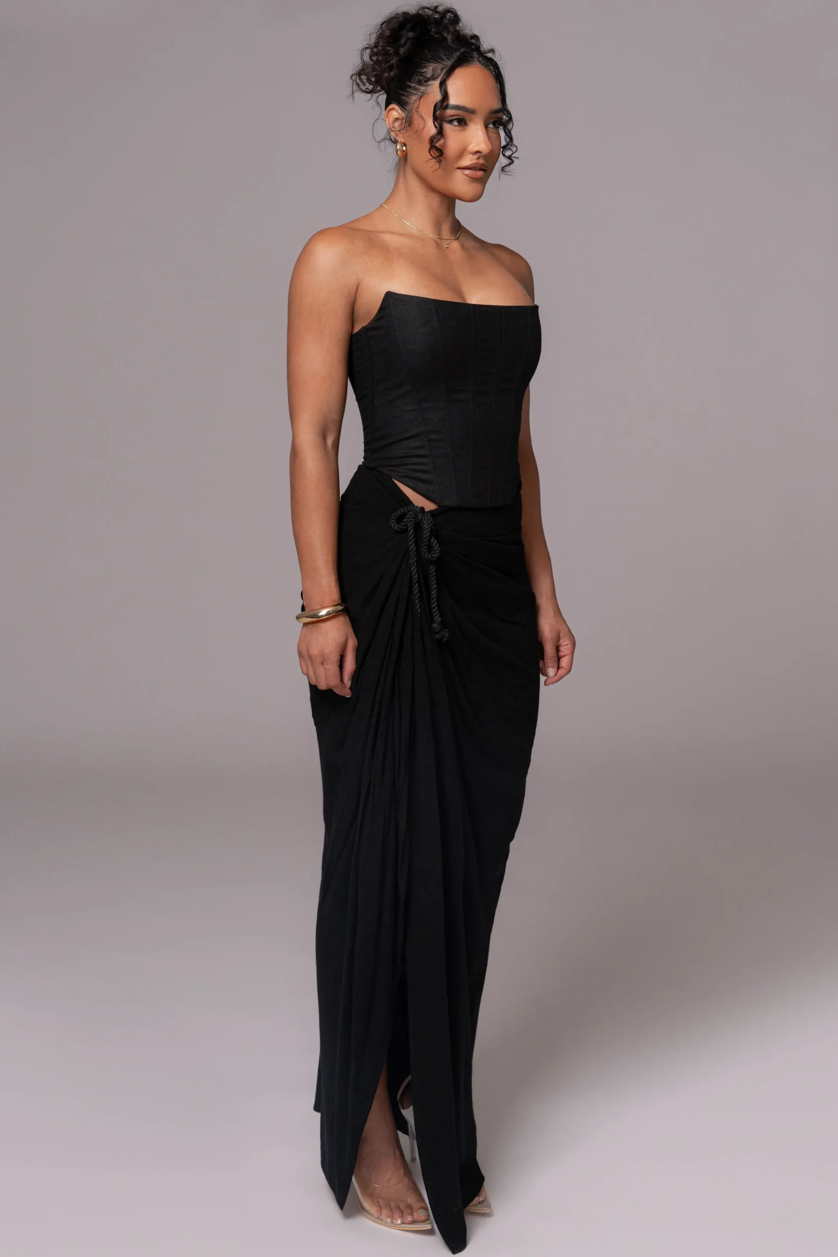 Black Noelia Linen Slit Skirt