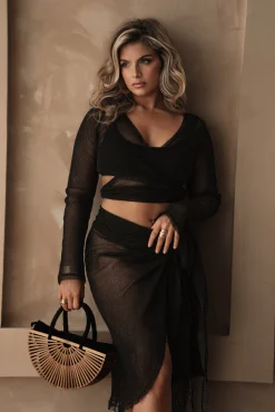 Black Palm City Netted Wrap Top