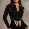 Black Rise Up Zip Front Bodysuit