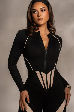 Black Rise Up Zip Front Bodysuit