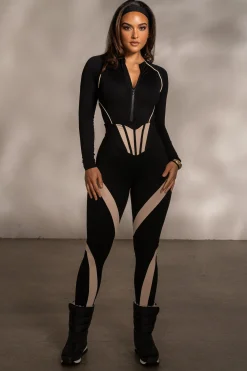 Black Rise Up Zip Front Bodysuit