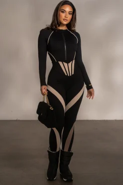 Black Rise Up Zip Front Bodysuit
