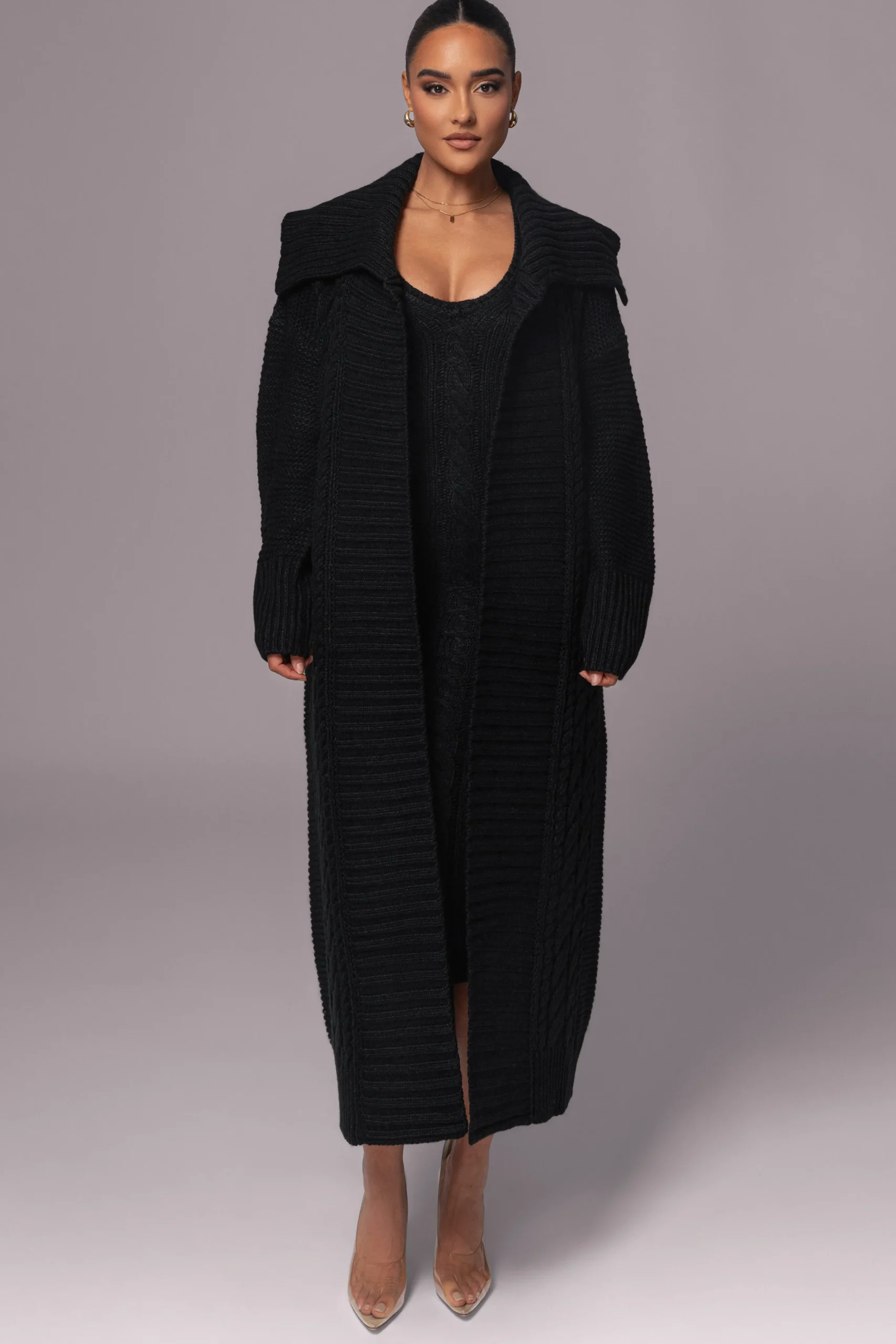 Black Sleeveless Cable Knit Dress