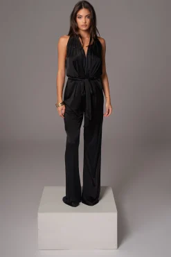 Black Slinky Halter Belted Jumpsuit
