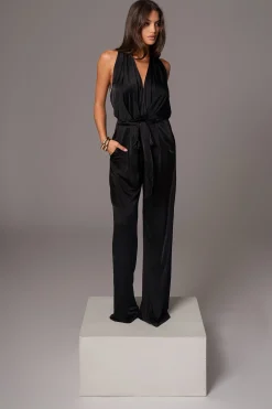 Black Slinky Halter Belted Jumpsuit