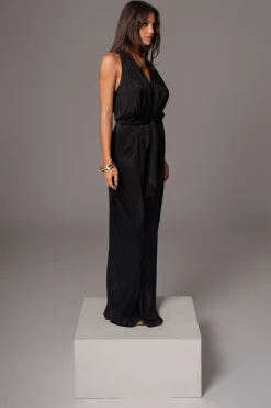 Black Slinky Halter Belted Jumpsuit