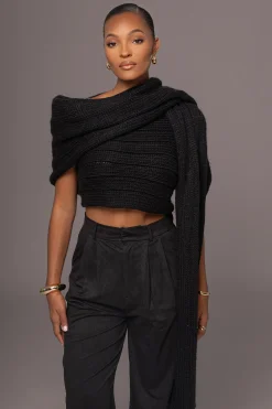 Black Soft Life Cable Knit Sweater Top