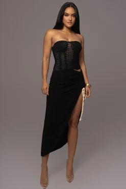 Black Spring Ruched Linen Skirt