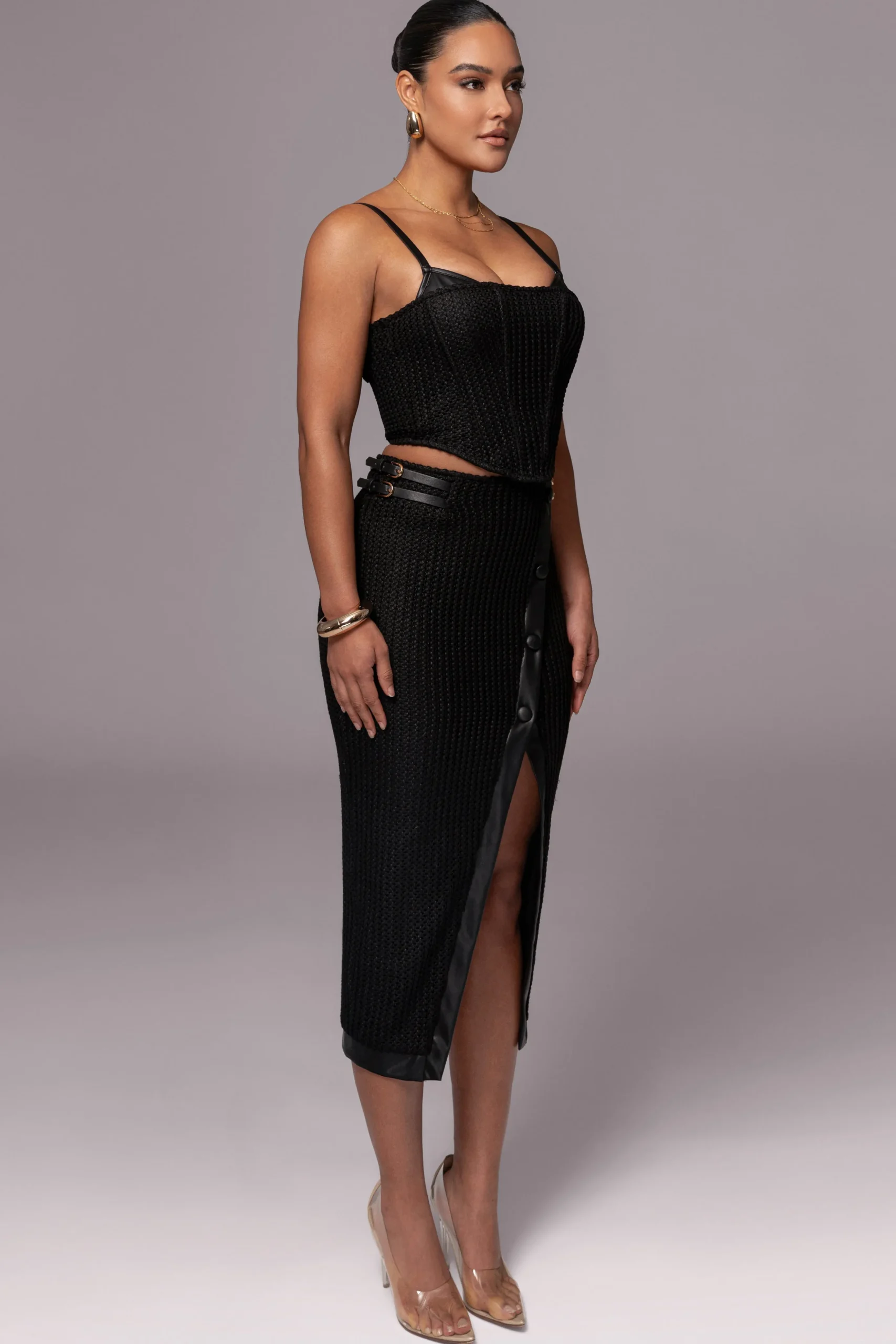 Black Textured Mystique Midi Skirt