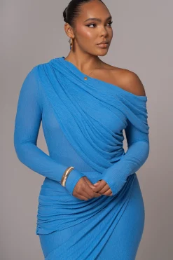 Blue Textured One Shoulder Bodysuit