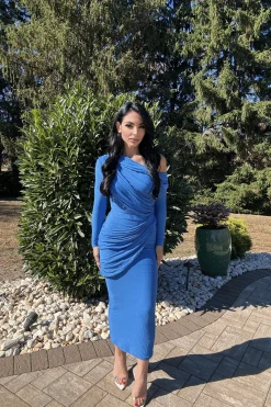 Blue Textured One Shoulder Bodysuit