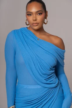 Blue Textured One Shoulder Bodysuit