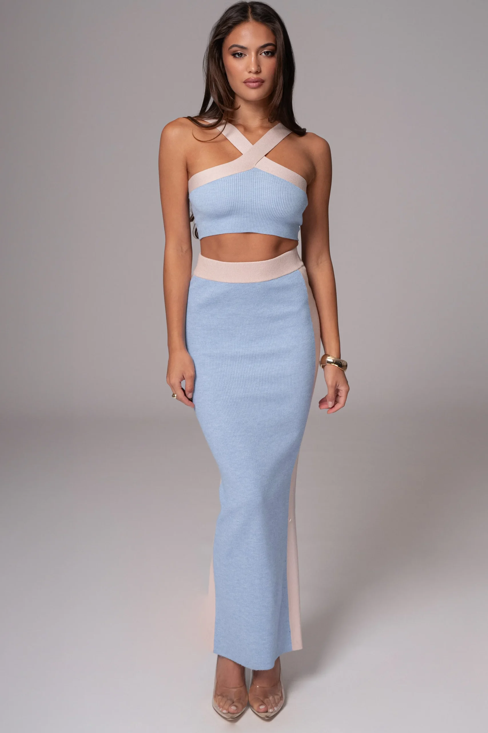 Blue/Beige Heartbreaker Two-Piece Skirt Set