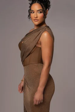 Bronze Metallic Celestina Draped Maxi Dress
