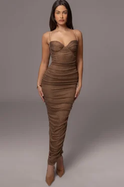 Bronze Ruched Metallic Maxi Dress