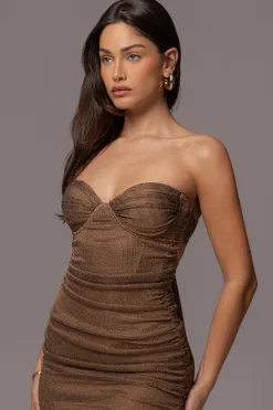Bronze Ruched Metallic Maxi Dress