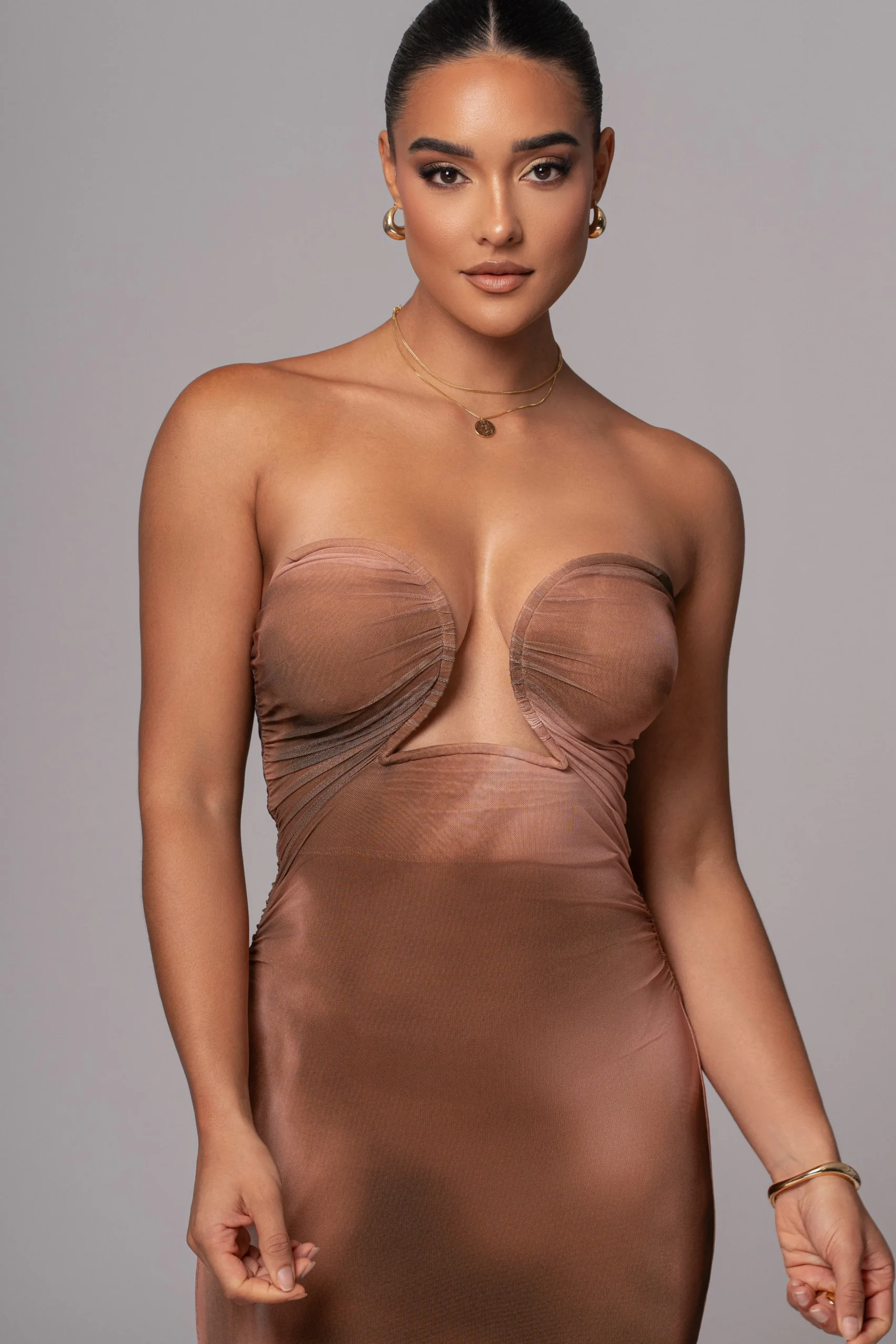 Brown Abstract Bethany Strapless Maxi Dress