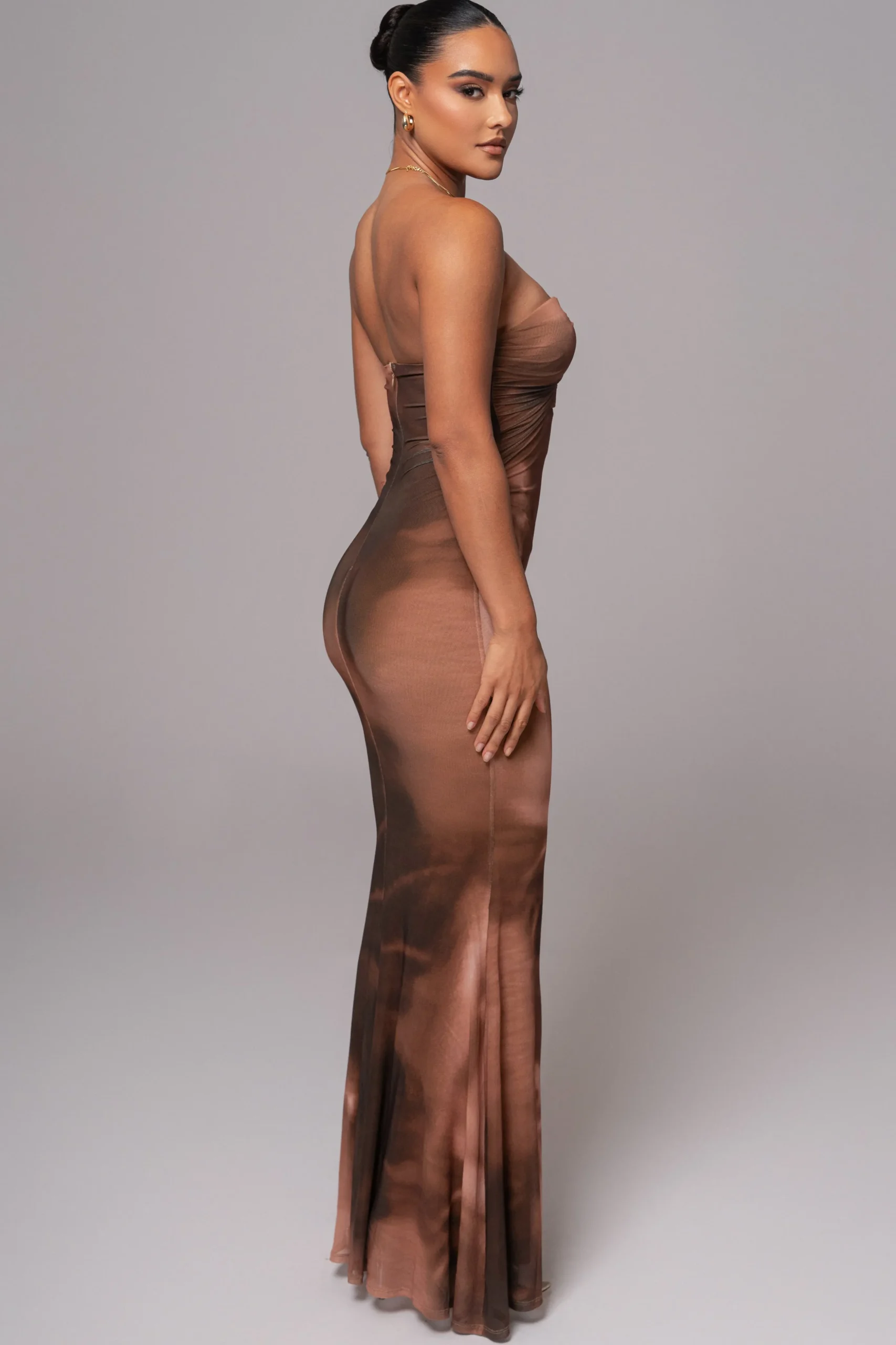 Brown Abstract Bethany Strapless Maxi Dress
