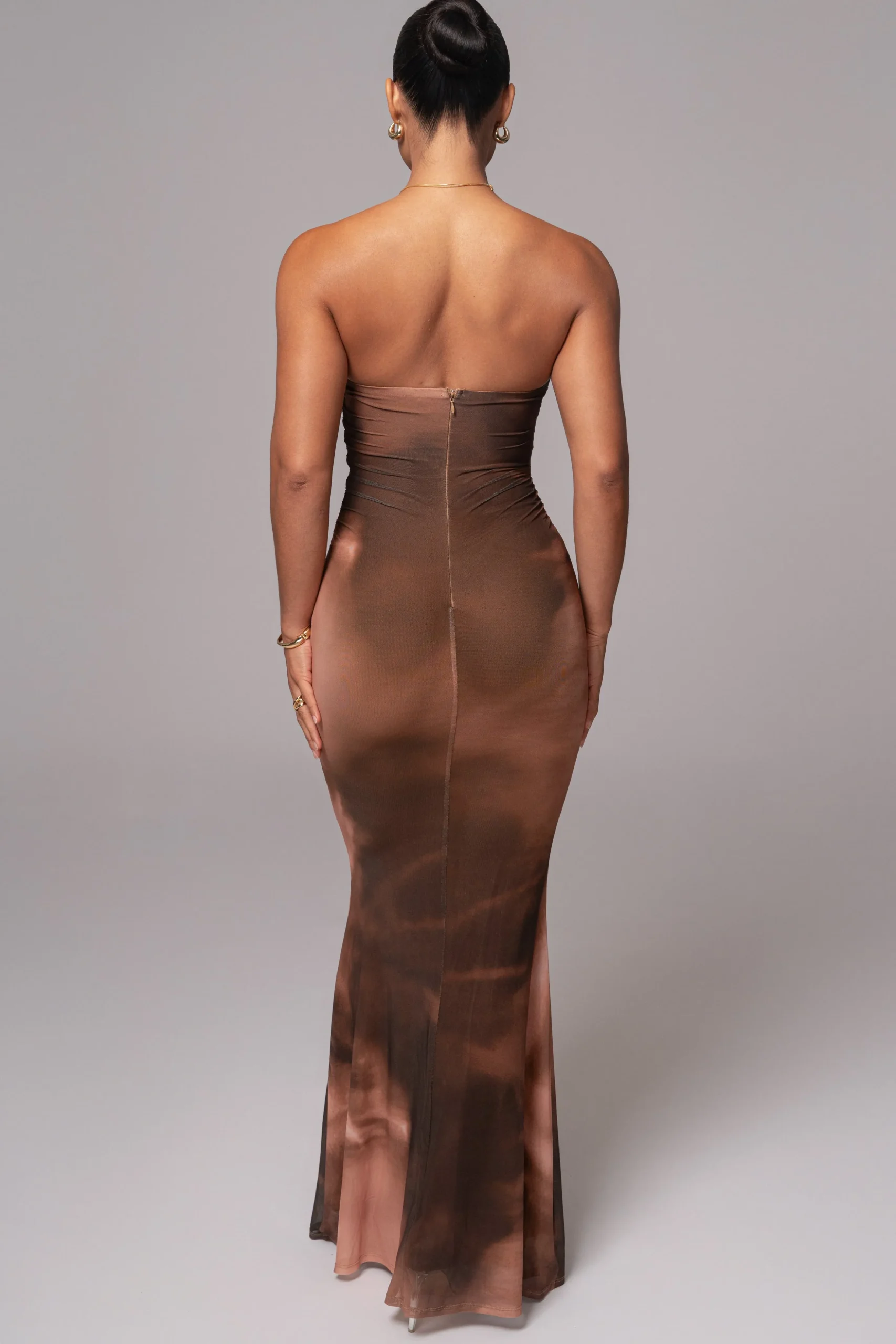 Brown Abstract Bethany Strapless Maxi Dress