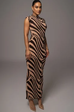 Brown Abstract Print Edel Mock Maxi Dress