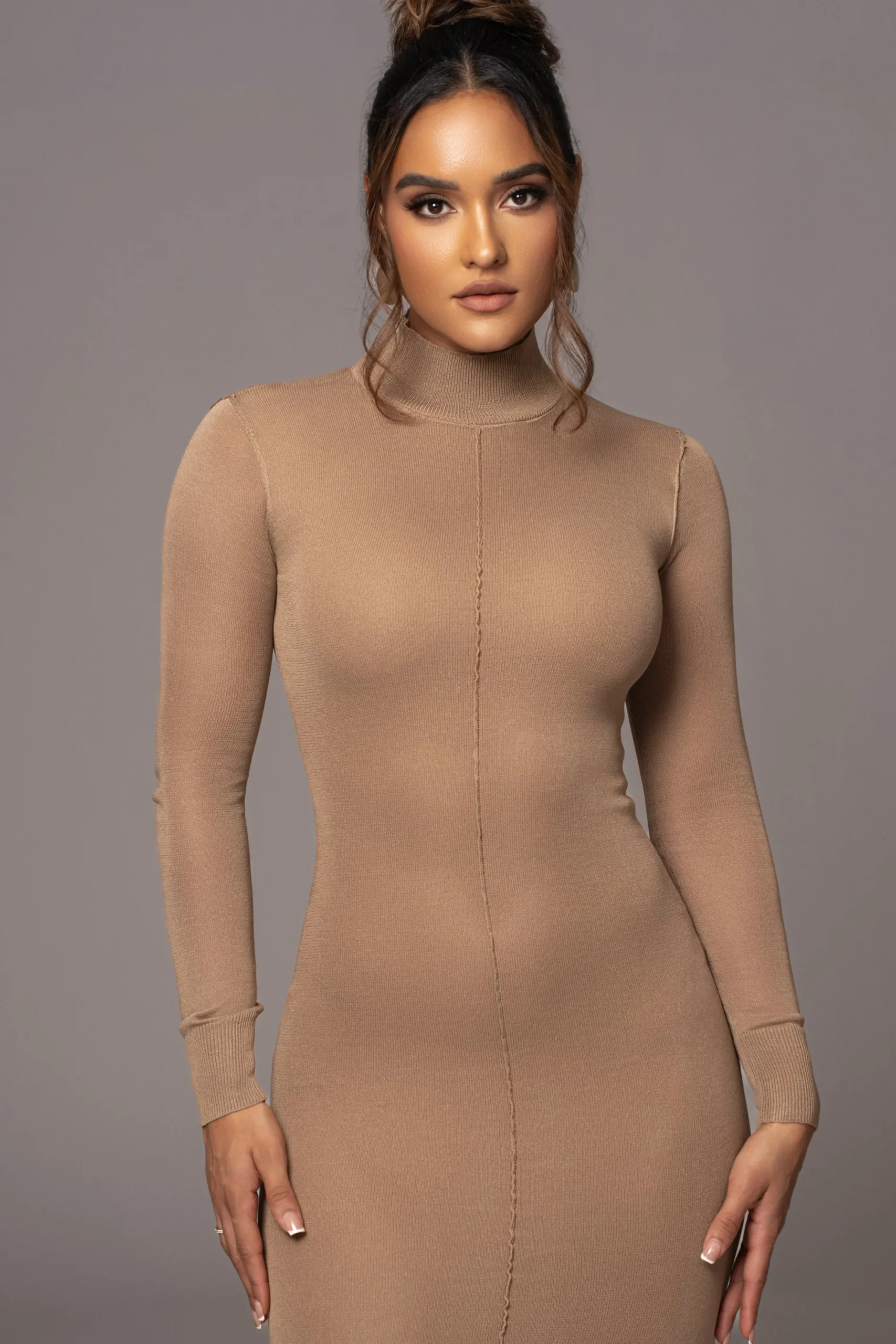 Camel Fame Mock Neck Maxi Dress