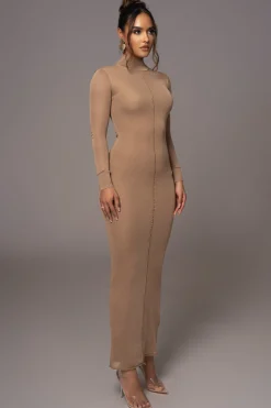 Camel Fame Mock Neck Maxi Dress