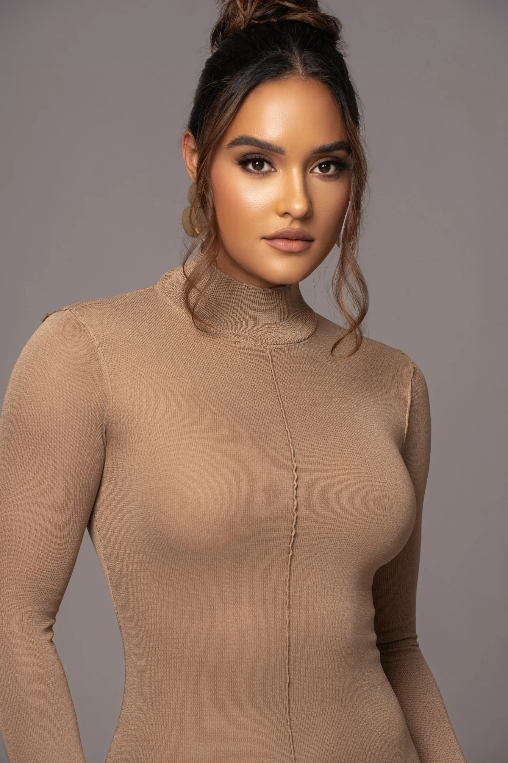 Camel Fame Mock Neck Maxi Dress