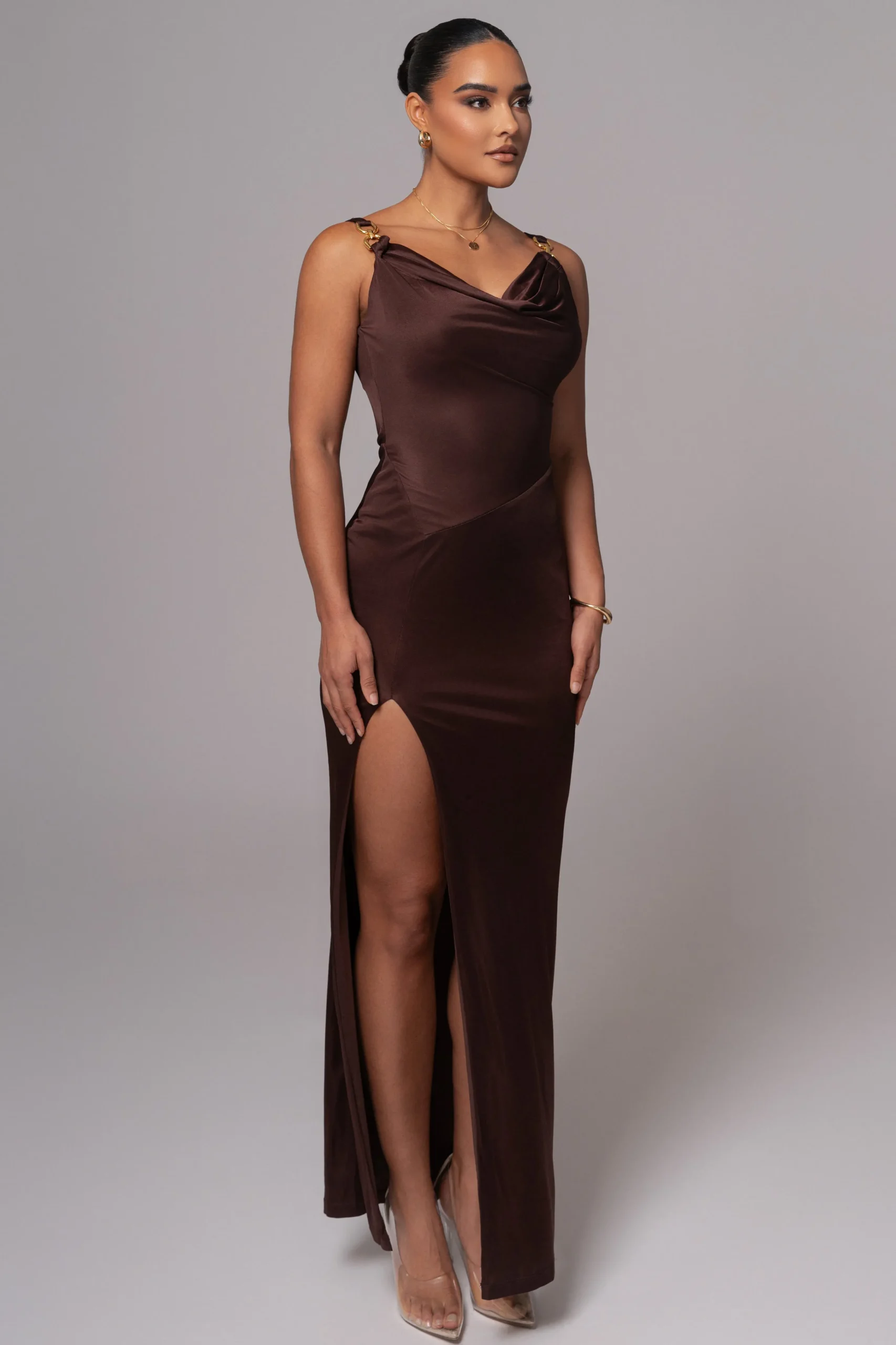 Chocolate Cowl Neck Chain Dress