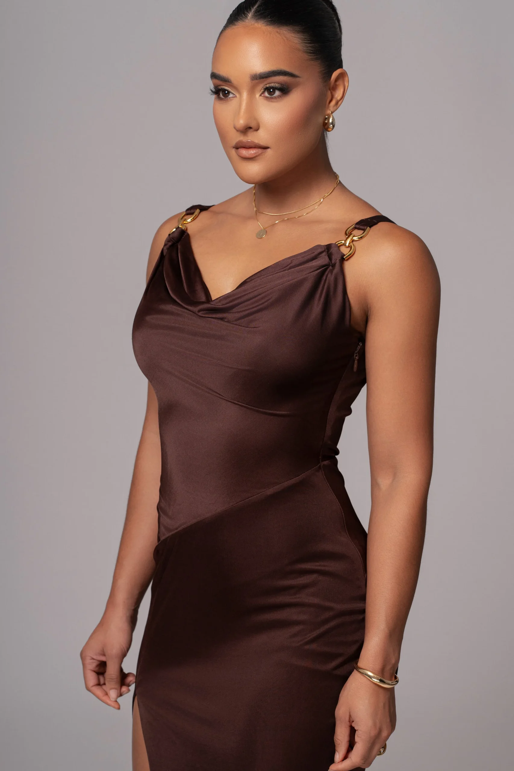 Chocolate Cowl Neck Chain Dress